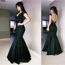 Load image into Gallery viewer, V Neck Bow Sashes Black Lace Mermaid Evening Dresses
