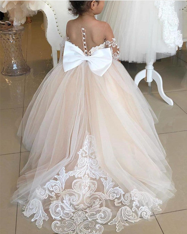 fitted lace wedding dress Illusion Long Sleeves Princess Ball Gown Flower Girl Dresses Lace Train