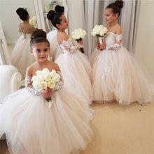 Load image into Gallery viewer, Illusion Long Sleeves Princess Ball Gown Flower Girl Dresses Lace Train