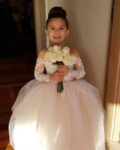 Load image into Gallery viewer, Illusion Long Sleeves Princess Ball Gown Flower Girl Dresses Lace Train