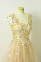 Load image into Gallery viewer, A Line Lace Cap Sleeves Long Champagne Tulle Evening Dresses
