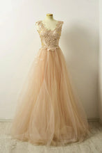 Load image into Gallery viewer, A Line Lace Cap Sleeves Long Champagne Tulle Evening Dresses
