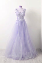 Load image into Gallery viewer, A Line Lace Cap Sleeves Long Champagne Tulle Evening Dresses