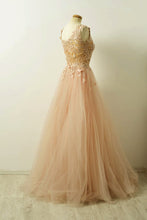 Load image into Gallery viewer, A Line Lace Cap Sleeves Long Champagne Tulle Evening Dresses