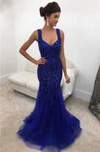 Load image into Gallery viewer, Royal Blue Crystal Beaded Mermaid Backless Evening Gowns