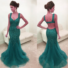 Load image into Gallery viewer, Royal Blue Crystal Beaded Mermaid Backless Evening Gowns