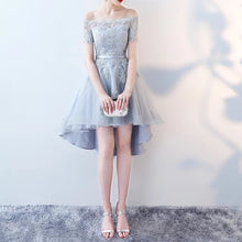 Load image into Gallery viewer, Asymmetric Style Silver Tulle Off Shoulder Bridesmaid Dresses Lace Appliques-alinanova
