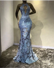 Load image into Gallery viewer, Unique Halter Top See Through Lace Prom Dress Mermaid Evening Gowns-alinanova