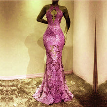 Load image into Gallery viewer, Unique Halter Top See Through Lace Prom Dress Mermaid Evening Gowns
