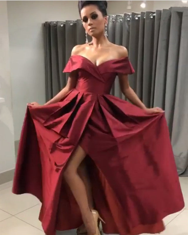 Sexy Off Shoulder Long Satin Prom Dresses With Pocket main image 0
