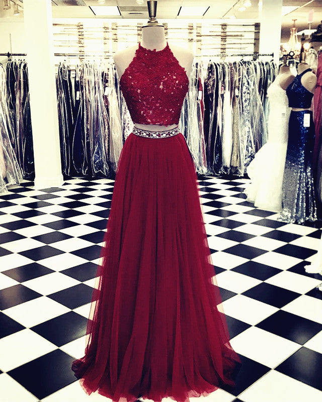 Lace Crop Top Tulle Prom Dresses Two Piece Evening Gowns Beaded Sashes Lace Crop Top Tulle Prom Dresses Two Piece Evening Gowns Beaded Sashes