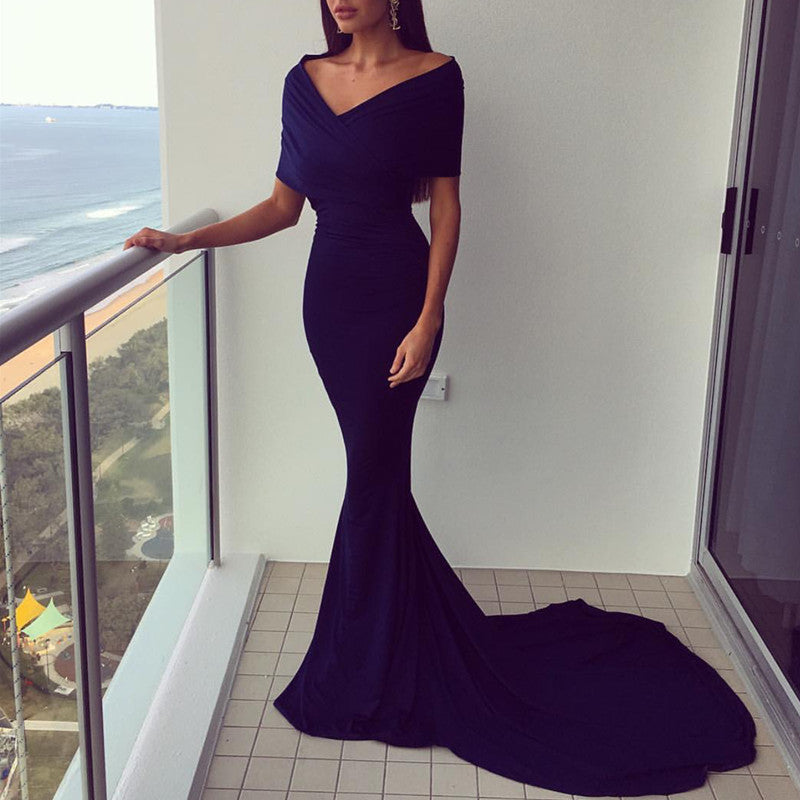 midnight blue mermaid prom dress Raelyn Royal Blue Mermaid Off the Shoulder Satin Prom Dress with Slit Navy Blue / 6