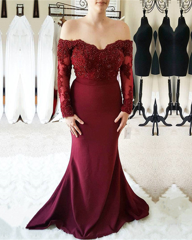 Burgundy Lace Off Shoulder Mermaid Long Sleeves Bridesmaid Dresses Burgundy Lace Off Shoulder Mermaid Long Sleeves Bridesmaid Dresses
