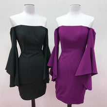 Load image into Gallery viewer, Off The Shoulder Satin Sheath Homecoming Dresses With Puffy Sleeves