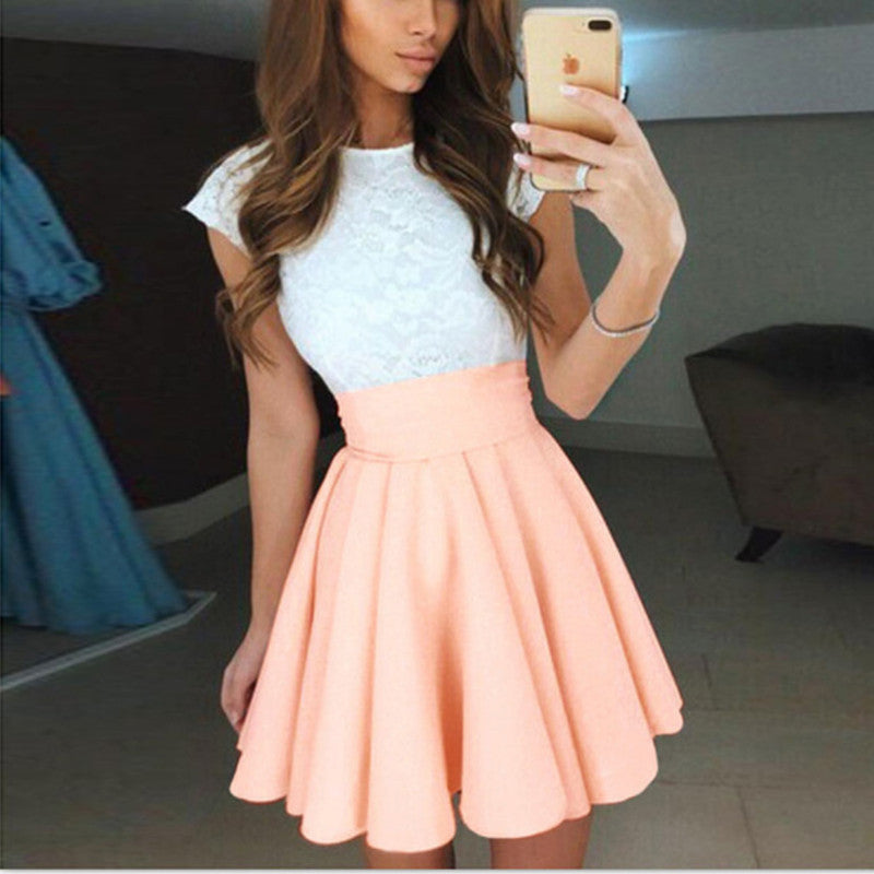White Lace Cap Sleeves Satin Coral Homecoming Dresses For Prom Party White Lace Cap Sleeves Satin Coral Homecoming Dresses For Prom Party