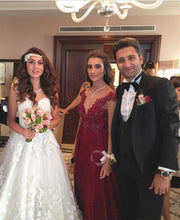 Load image into Gallery viewer, Modest Lace Cap Sleeves Long Burgundy Satin Prom Gowns