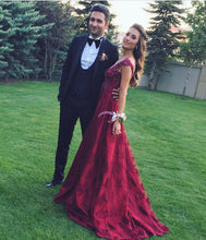 Load image into Gallery viewer, Modest Lace Cap Sleeves Long Burgundy Satin Prom Gowns
