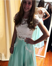 Load image into Gallery viewer, White Lace Crop Floor Length Satin Two Piece Prom Dresses