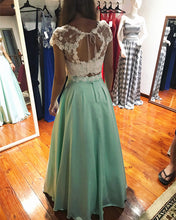 Load image into Gallery viewer, White Lace Crop Floor Length Satin Two Piece Prom Dresses
