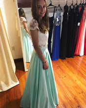 Load image into Gallery viewer, White Lace Crop Floor Length Satin Two Piece Prom Dresses-alinanova