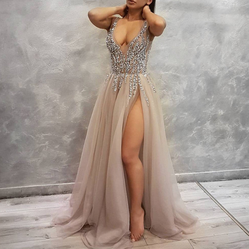 Sexy Deep V Neck Long Tulle Slit Prom Dresses Beaded Evening Gowns alinanova Sexy Deep V Neck Long Tulle Slit Prom Dresses Beaded Evening Gowns alinanova