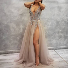 Load image into Gallery viewer, Sexy Deep V Neck Long Tulle Slit Prom Dresses 2018 Beaded Evening Gowns-alinanova