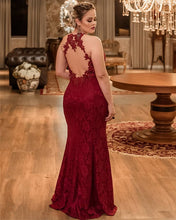 Load image into Gallery viewer, Burgundy Lace Mermaid Prom Dresses Nude Back