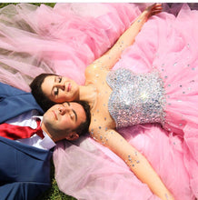 Load image into Gallery viewer, Illusion Long Sleeves Pink Tulle Wedding Dresses Crystal Beaded