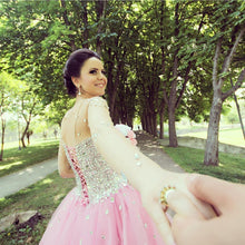 Load image into Gallery viewer, Illusion Long Sleeves Pink Tulle Wedding Dresses Crystal Beaded