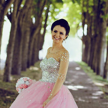 Load image into Gallery viewer, Illusion Long Sleeves Pink Tulle Wedding Dresses Crystal Beaded