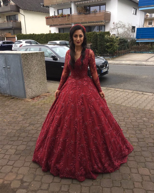 Illusion Long Sleeves V-neck Ball Gowns Lace Dresses Illusion Long Sleeves V-neck Ball Gowns Lace Dresses