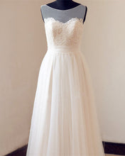 Load image into Gallery viewer, Illusion Neckline Lace Appliques Tulle Beach Wedding Dress