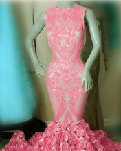 Load image into Gallery viewer, Iridescent Sequins Pink Rosette Mermaid Prom Dresses