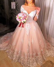 Load image into Gallery viewer, Ivory And Blush Wedding Dress Long Sleeves Ball Gown