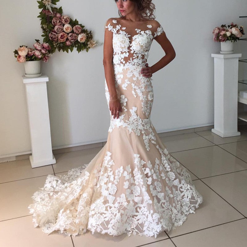 Ivory Lace Appliques Champagne Mermaid Wedding Dresses Open Back alinanova Ivory Lace Appliques Champagne Mermaid Wedding Dresses Open Back alinanova