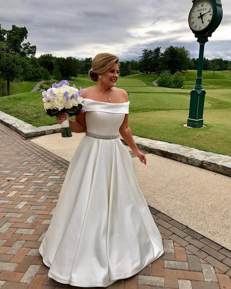 Ivory Satin Off Shoulder Wedding Dresses A Line Beaded Sashes Ivory Satin Off Shoulder Wedding Dresses A Line Beaded Sashes