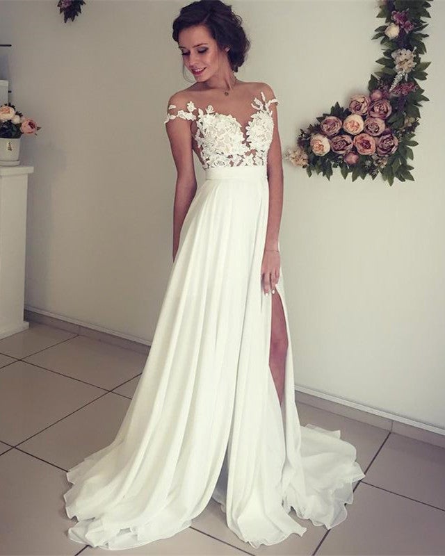 boho lace appliques chiffon wedding dress with slit alinanova boho lace appliques chiffon wedding dress with slit alinanova