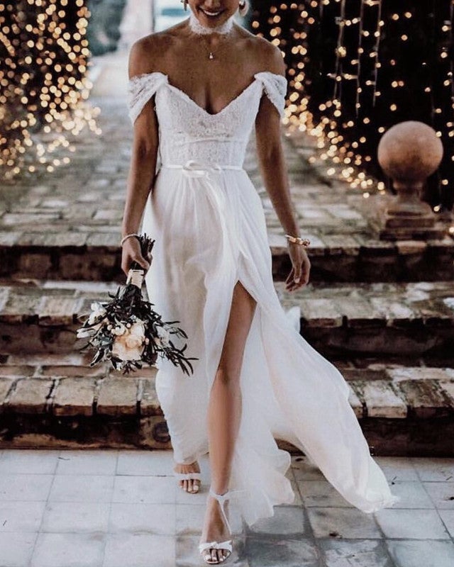Lace Appliques Chiffon Beach Wedding Dresses Off Shoulder Lace Appliques Chiffon Beach Wedding Dresses Off Shoulder