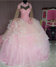 Load image into Gallery viewer, Lace Appliques High Neck Long Sleeves Ball Gowns Wedding Dresses Pink