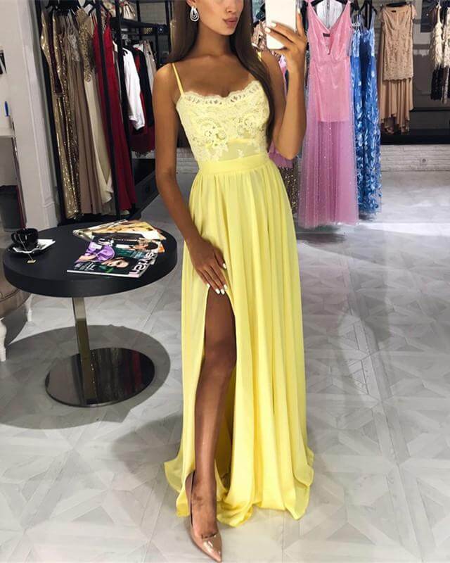 Yellow Chiffon Prom Dresses Lace Appliques Leg Slit – alinanova