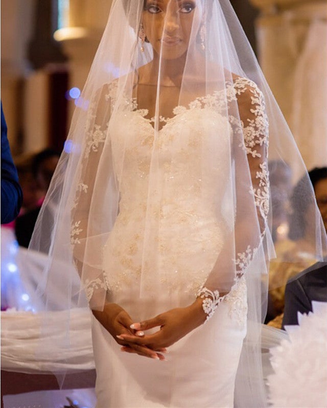 chinese dress ladies Lace Appliques Long Sleeves Open Back Mermaid Wedding Dress Scoop Neckline