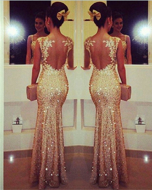 evening dress giclee wall art Lace Appliques Nude Back Sequin Mermaid Evening Dresses