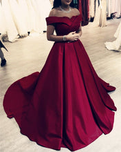 Load image into Gallery viewer, Lace Appliques Off Shoulder Satin Ball Gown Prom Dresses