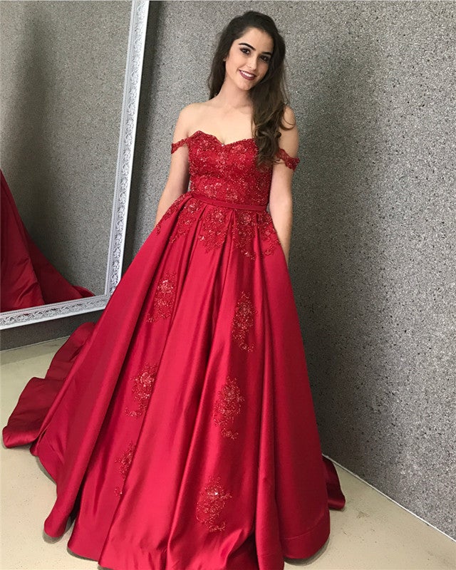 Lace Appliques Sweetheart Satin Ballgowns Off-the-shoulder Evening Dress Lace Appliques Sweetheart Satin Ballgowns Off-the-shoulder Evening Dress