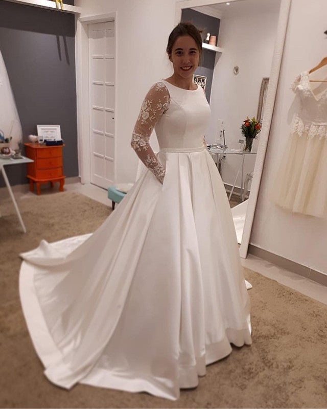 Lace Back Ball Gown Satin Wedding Dresses with Pockets Lace Back Ball Gown Satin Wedding Dresses with Pockets