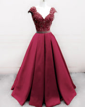 Load image into Gallery viewer, Lace Beaded Cap Sleeves Ball Gown Satin Dresses Beaded Sashes
