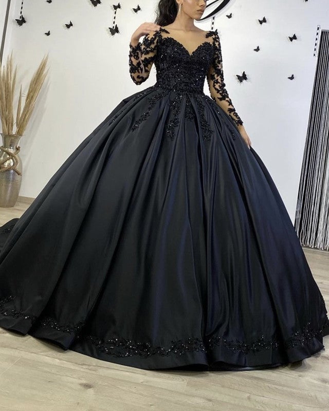 Elegant Formal Long Gowns With Sleeves Black Dress Long Ballroom Prom Dresses Lace Beaded Long Sleeves Ball Gown Satin Dresses Elegant Formal Long Gowns With Sleeves Black Dress Long Ballroom Prom Dresses Lace Beaded Long Sleeves Ball Gown Satin Dresses