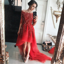 Load image into Gallery viewer, Lace Beaded Tulle Front Short Long Back Prom Dress With Sleeves