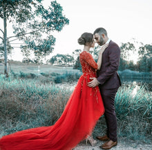 Load image into Gallery viewer, Lace Beaded Tulle Front Short Long Back Prom Dress With Sleeves