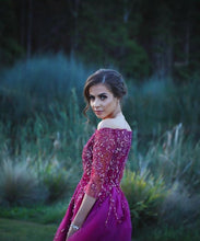 Load image into Gallery viewer, Lace Beaded Tulle Front Short Long Back Prom Dress With Sleeves